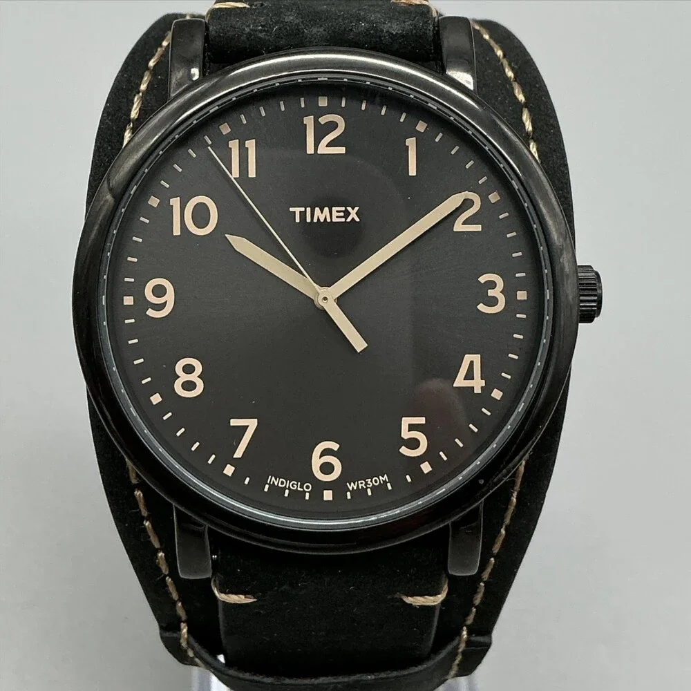 Timex Indiglo WR30M Mens Watch 42mm Black Dial Black Leather Bund New Battery
